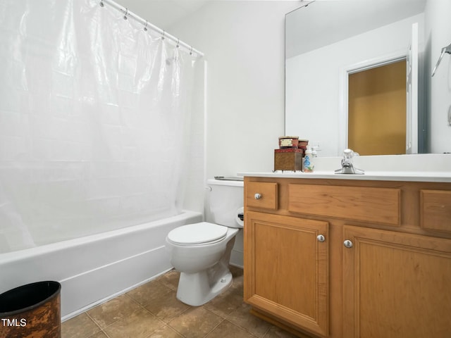 full bath with toilet, shower / bathtub combination with curtain, vanity, and tile patterned floors