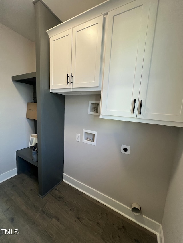 washroom with washer hookup, baseboards, cabinet space, dark wood finished floors, and electric dryer hookup