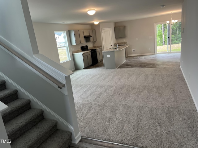 kitchen with electric range, gray cabinets, plenty of natural light, open floor plan, and dark colored carpet