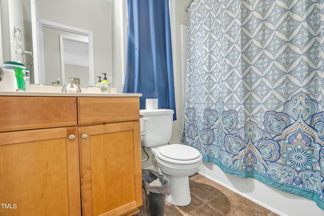 full bathroom with shower / bathtub combination with curtain, vanity, toilet, and tile patterned floors