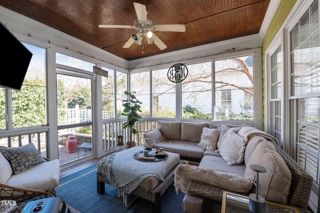 sunroom / solarium with wood ceiling and ceiling fan