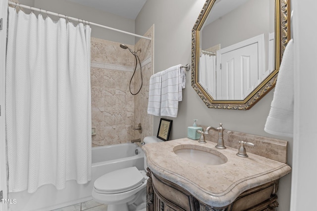 full bath with vanity, toilet, and shower / tub combo with curtain