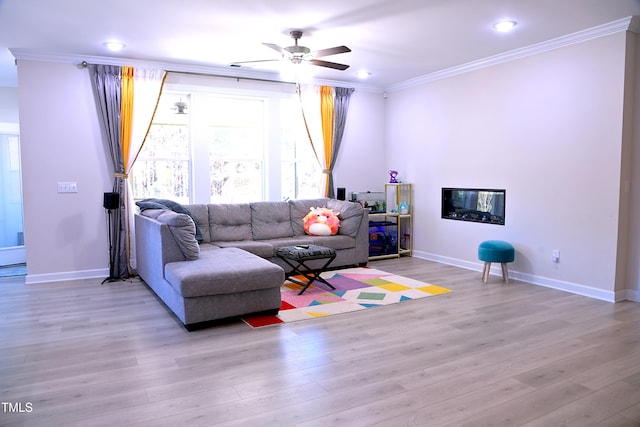 living area featuring ornamental molding, ceiling fan, light wood-style flooring, and baseboards