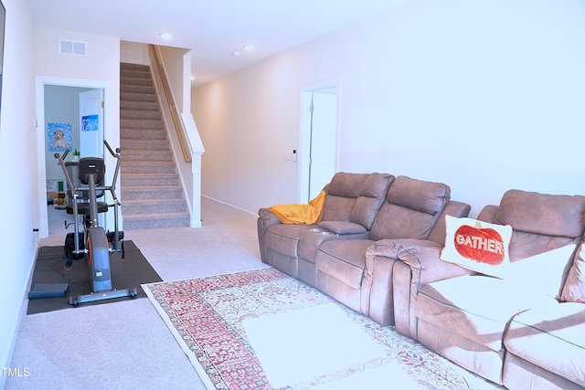 living room featuring recessed lighting, visible vents, baseboards, stairway, and carpet