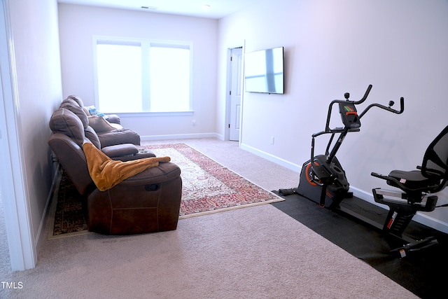 exercise area with visible vents, baseboards, and carpet flooring