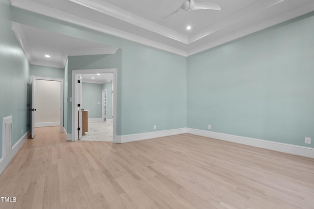 unfurnished room featuring recessed lighting, a ceiling fan, baseboards, ornamental molding, and light wood finished floors