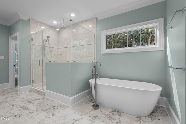 full bath with a stall shower, baseboards, marble finish floor, a freestanding tub, and recessed lighting