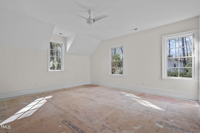 additional living space featuring lofted ceiling, baseboards, visible vents, and a wealth of natural light