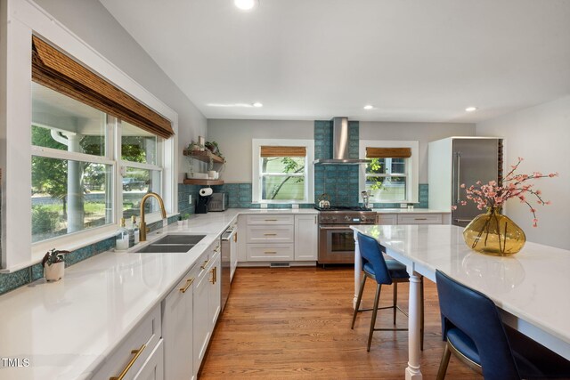 kitchen with high quality appliances, open shelves, a sink, recessed lighting, and wall chimney exhaust hood
