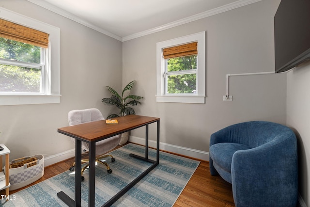 office area with baseboards, ornamental molding, wood finished floors, and a wealth of natural light