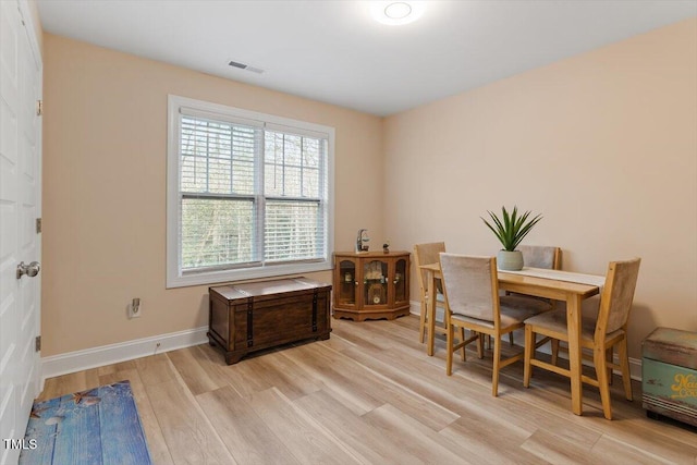 office space with light wood-type flooring, baseboards, and visible vents