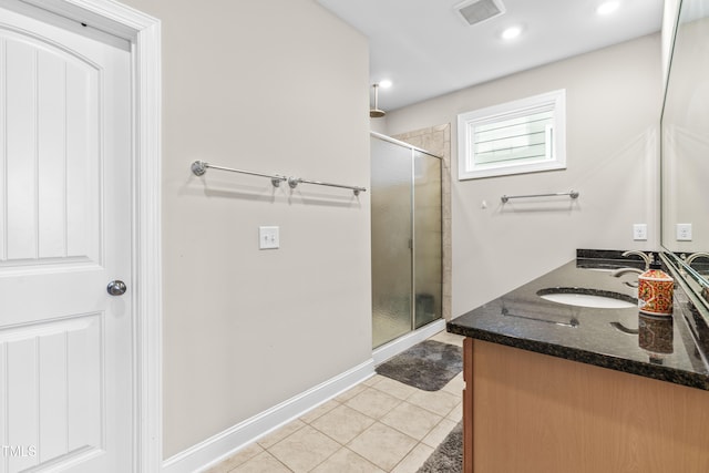 bathroom with a sink, visible vents, tile patterned floors, double vanity, and a stall shower