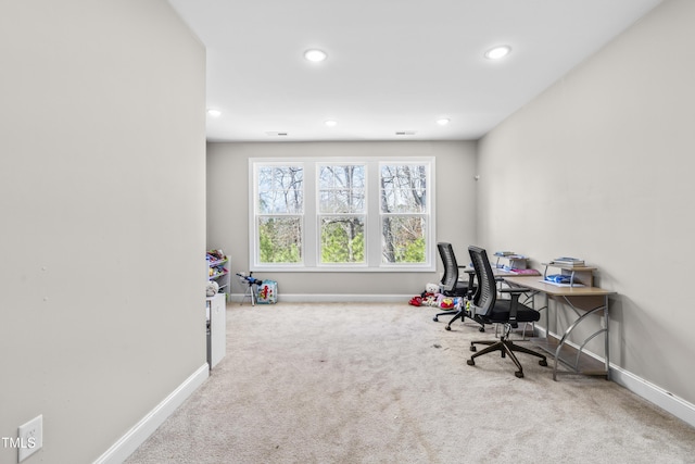 carpeted office space featuring baseboards and recessed lighting