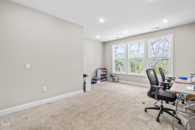 carpeted office featuring recessed lighting, visible vents, and baseboards