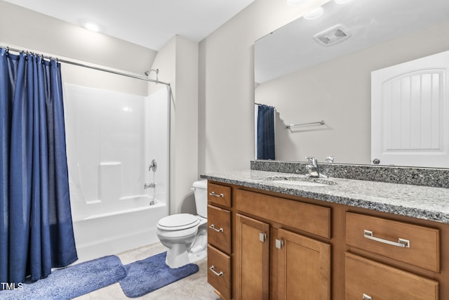 full bathroom with shower / bath combo, visible vents, toilet, tile patterned flooring, and vanity