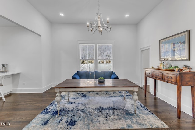 office area with a chandelier, recessed lighting, dark wood finished floors, and baseboards