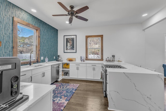 kitchen with light stone counters, white cabinets, appliances with stainless steel finishes, plenty of natural light, and dark wood finished floors