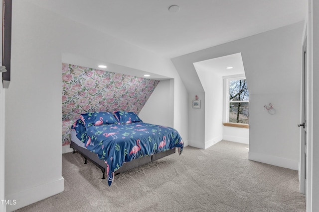 bedroom featuring lofted ceiling, recessed lighting, carpet flooring, and baseboards