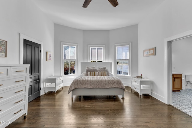 bedroom featuring multiple windows, dark wood finished floors, and baseboards