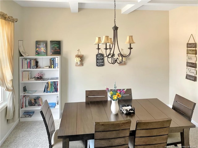 dining area featuring baseboards, carpet, beam ceiling, and an inviting chandelier