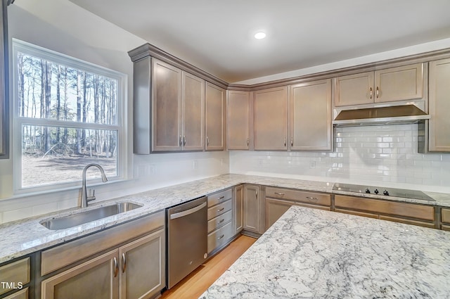 kitchen featuring black electric stovetop, backsplash, a sink, dishwasher, and under cabinet range hood