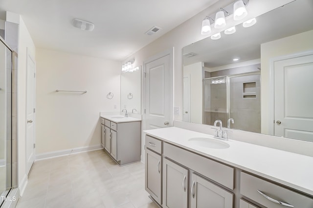 bathroom with two vanities, a sink, visible vents, and a shower stall