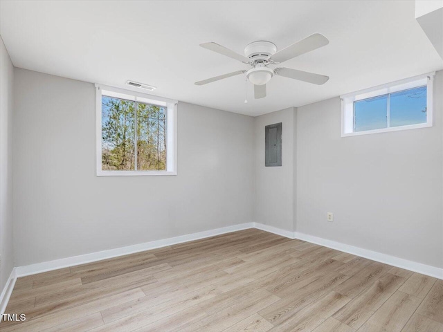 unfurnished room featuring light wood-type flooring, electric panel, visible vents, and baseboards