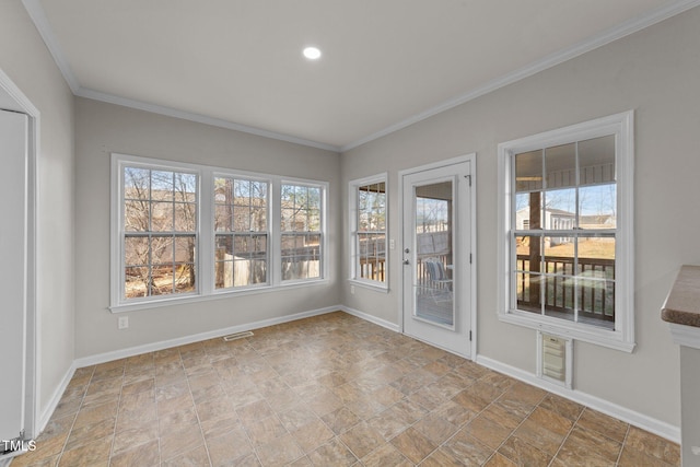 unfurnished sunroom featuring visible vents