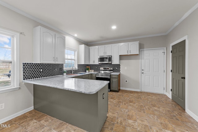 kitchen with decorative backsplash, appliances with stainless steel finishes, a peninsula, white cabinetry, and a sink