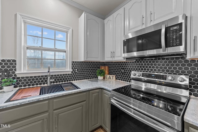 kitchen with appliances with stainless steel finishes, a sink, light countertops, white cabinetry, and backsplash