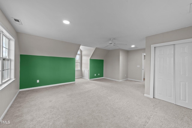 bonus room featuring ceiling fan, recessed lighting, carpet floors, visible vents, and baseboards