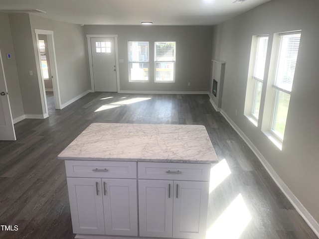 interior space featuring a fireplace, baseboards, and dark wood-style flooring