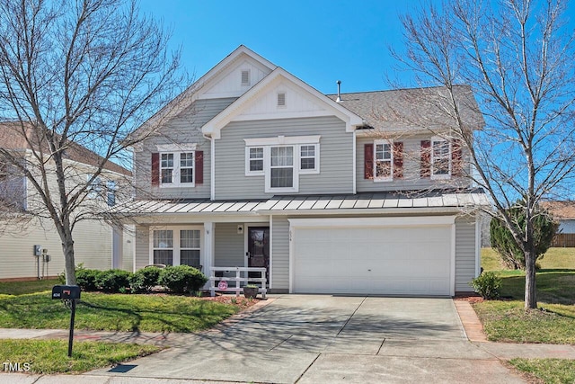 view of front of home with concrete driveway, an attached garage, covered porch, a standing seam roof, and a front lawn