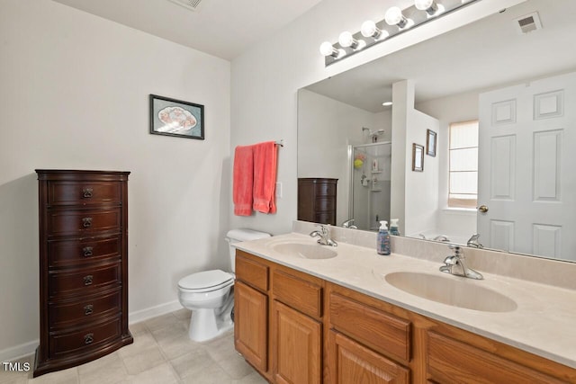 full bath with double vanity, a sink, visible vents, and a shower stall