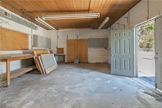 interior space featuring wood ceiling, visible vents, and concrete flooring