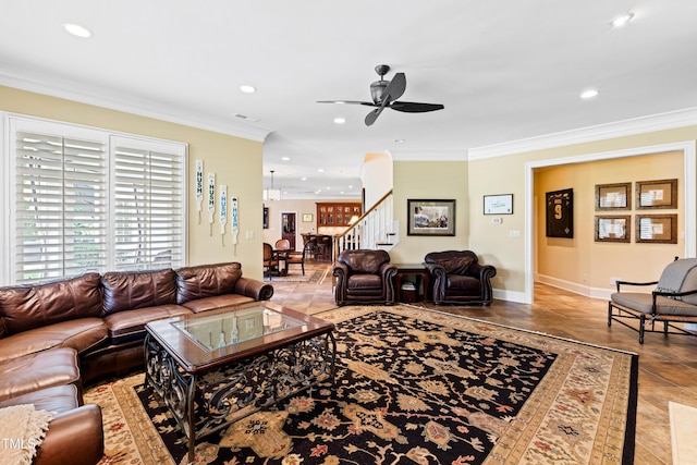 living room featuring stairs, ornamental molding, and recessed lighting