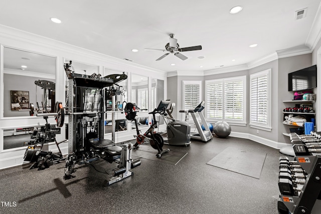 exercise area with recessed lighting, baseboards, visible vents, and ornamental molding