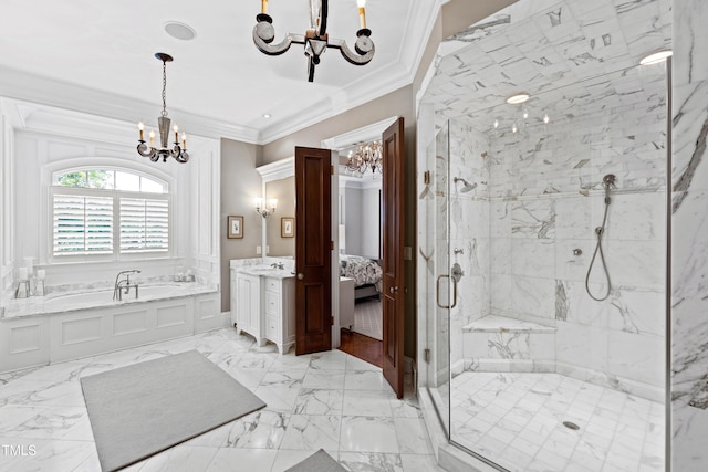 full bath featuring crown molding, marble finish floor, a marble finish shower, and an inviting chandelier