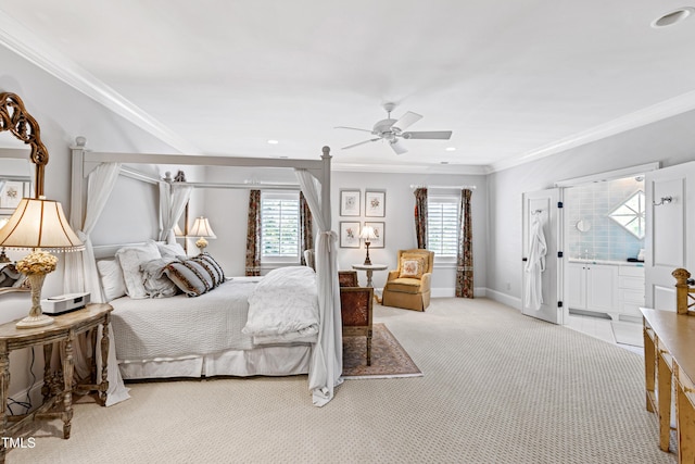 bedroom with carpet floors, ornamental molding, and multiple windows