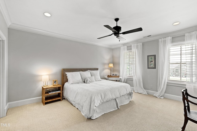 carpeted bedroom featuring baseboards, visible vents, a ceiling fan, ornamental molding, and recessed lighting