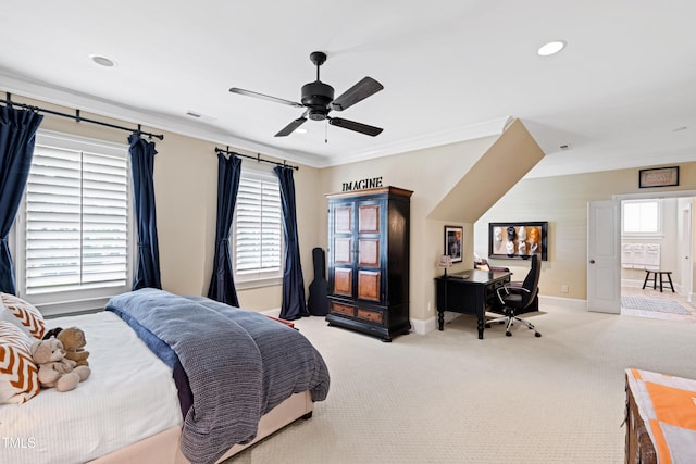 carpeted bedroom featuring visible vents, baseboards, ceiling fan, crown molding, and recessed lighting