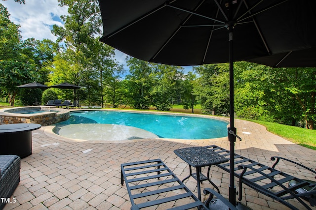 view of swimming pool featuring a pool with connected hot tub and a patio area