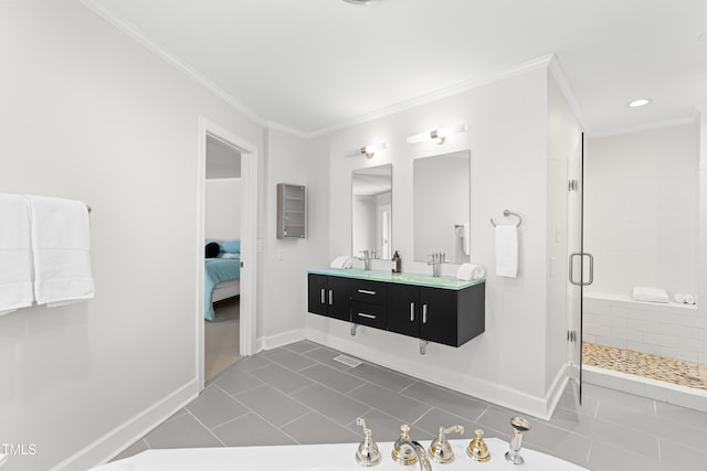 full bathroom with a stall shower, tile patterned floors, and crown molding