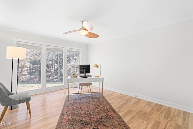 office area featuring light wood-type flooring, a ceiling fan, baseboards, and crown molding