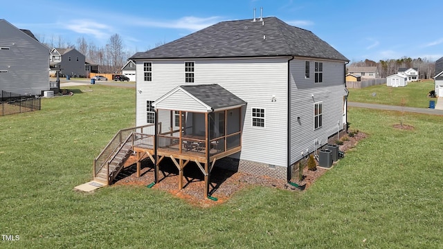 1318 Reading Ct, Burlington, NC 27217 - back of house with a deck, a shingled roof, a yard, a sunroom, and stairs