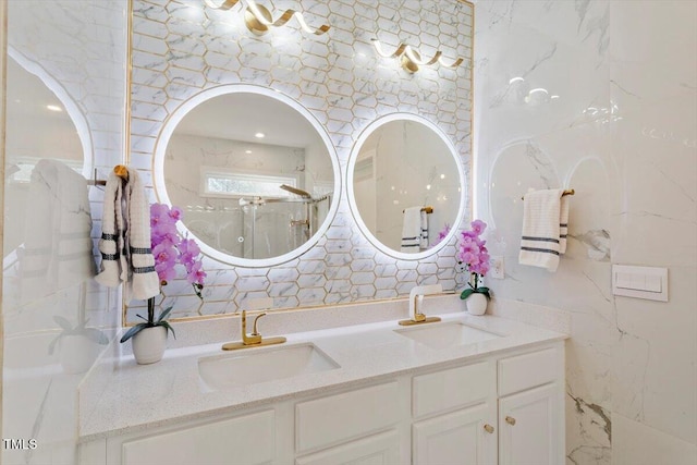 bathroom with a sink and double vanity