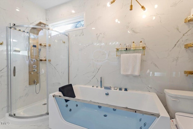 full bath with a whirlpool tub, toilet, a marble finish shower, and tile walls