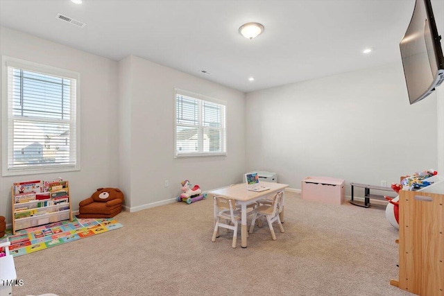 game room featuring carpet floors, recessed lighting, visible vents, and baseboards