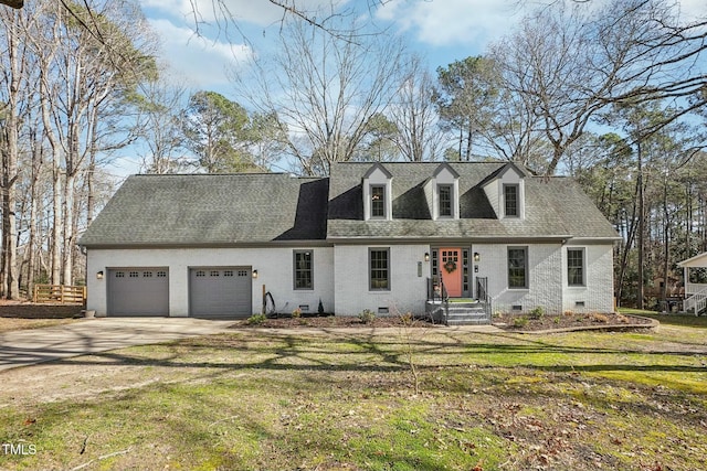 cape cod home featuring concrete driveway, crawl space, an attached garage, and roof with shingles