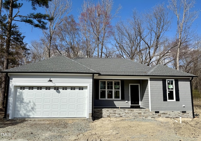 ranch-style house with dirt driveway, roof with shingles, crawl space, and an attached garage